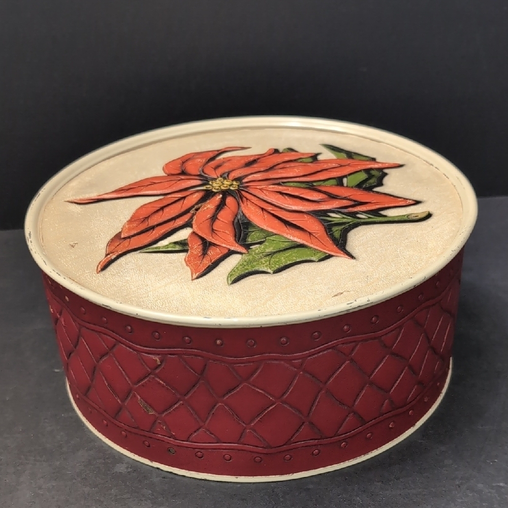 Vintage Poinsettia Decorative Round Tin - Red & Cream